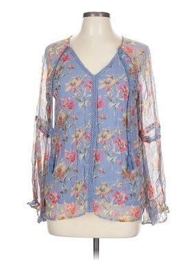 Sundance Blue Floral Lace Trim Long Sleeve Blouse